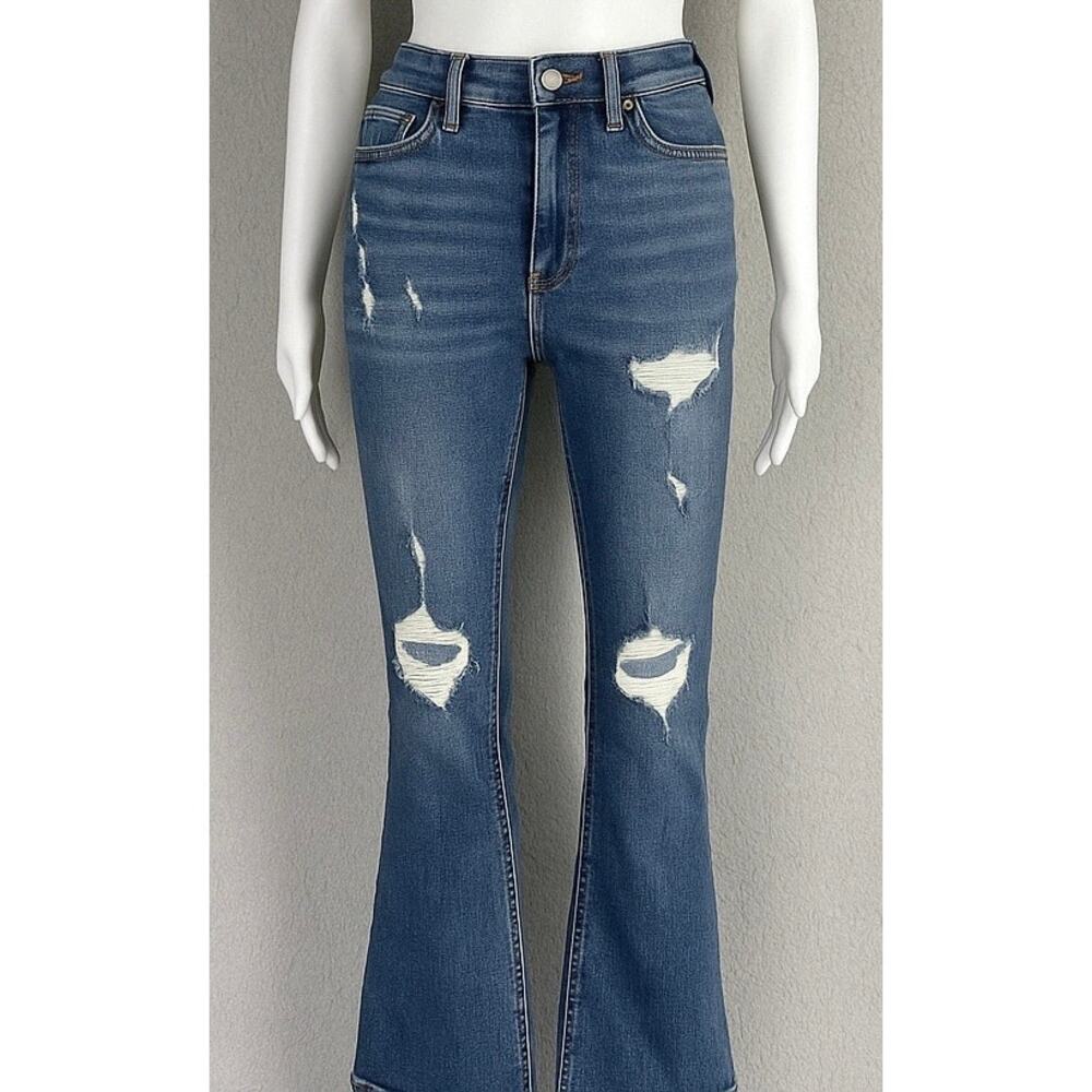 Distressed Flare‎ Jeans Womens 27 Blue Y2K Grunge High Rise Stretch Denim